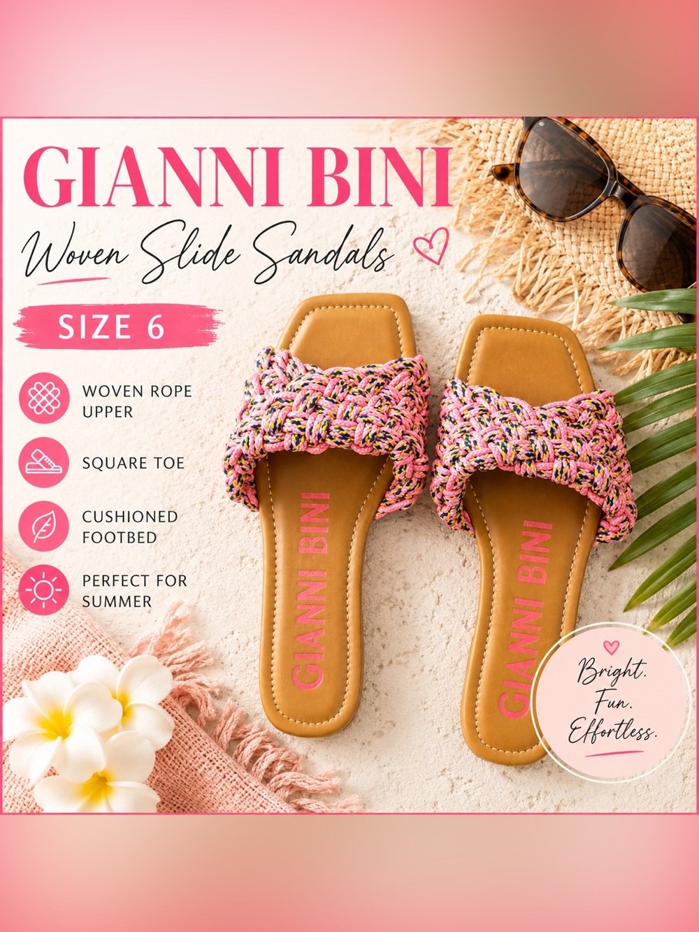 Gianni Bini Pink Braided Slide Sandals with Multicolor Accent Sz 6